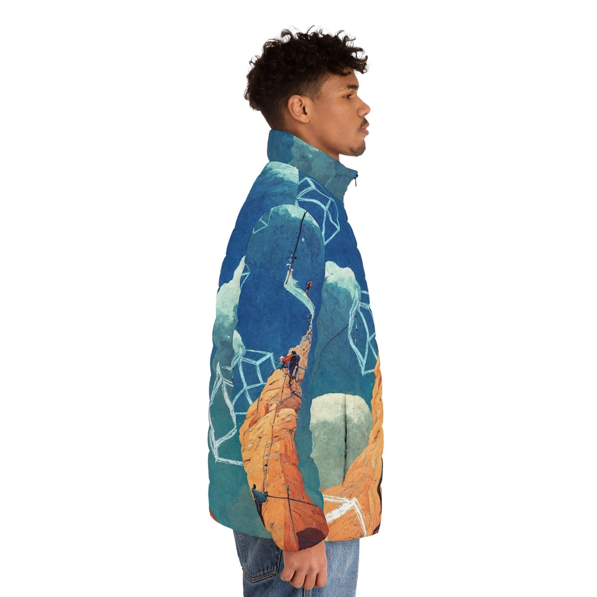 Inspire Rock Climbing Puffer Jacket with climber silhouette and abstract spire design - men side right