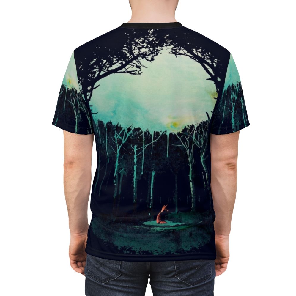 Artistic watercolor design of a deep forest landscape with a woodland fox - men back