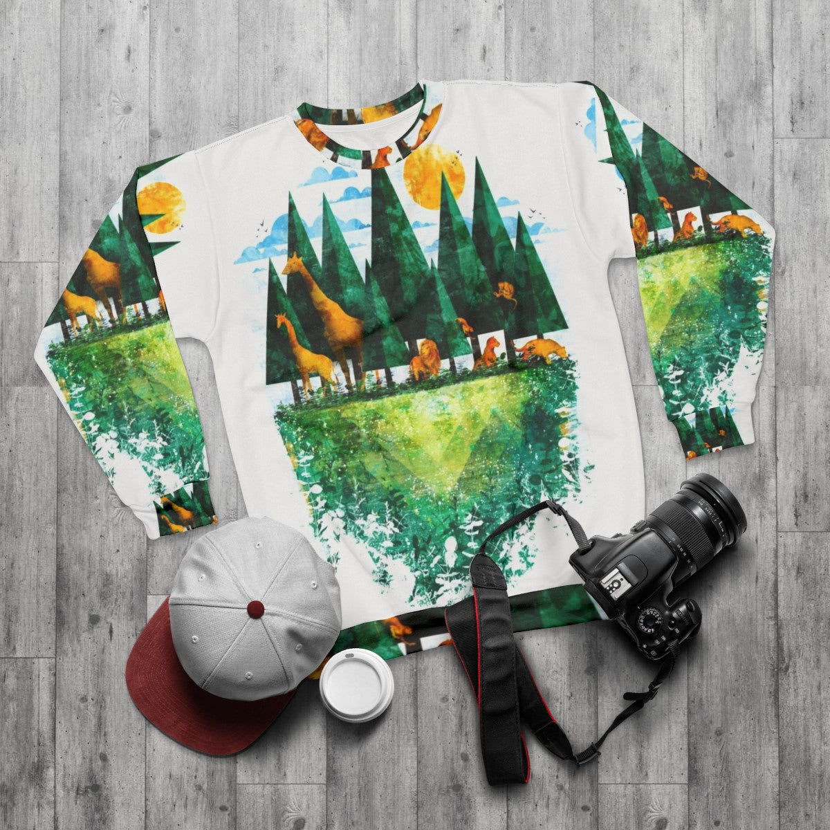 Geo Forest Sweatshirt with nature-inspired graphic design - flat lay