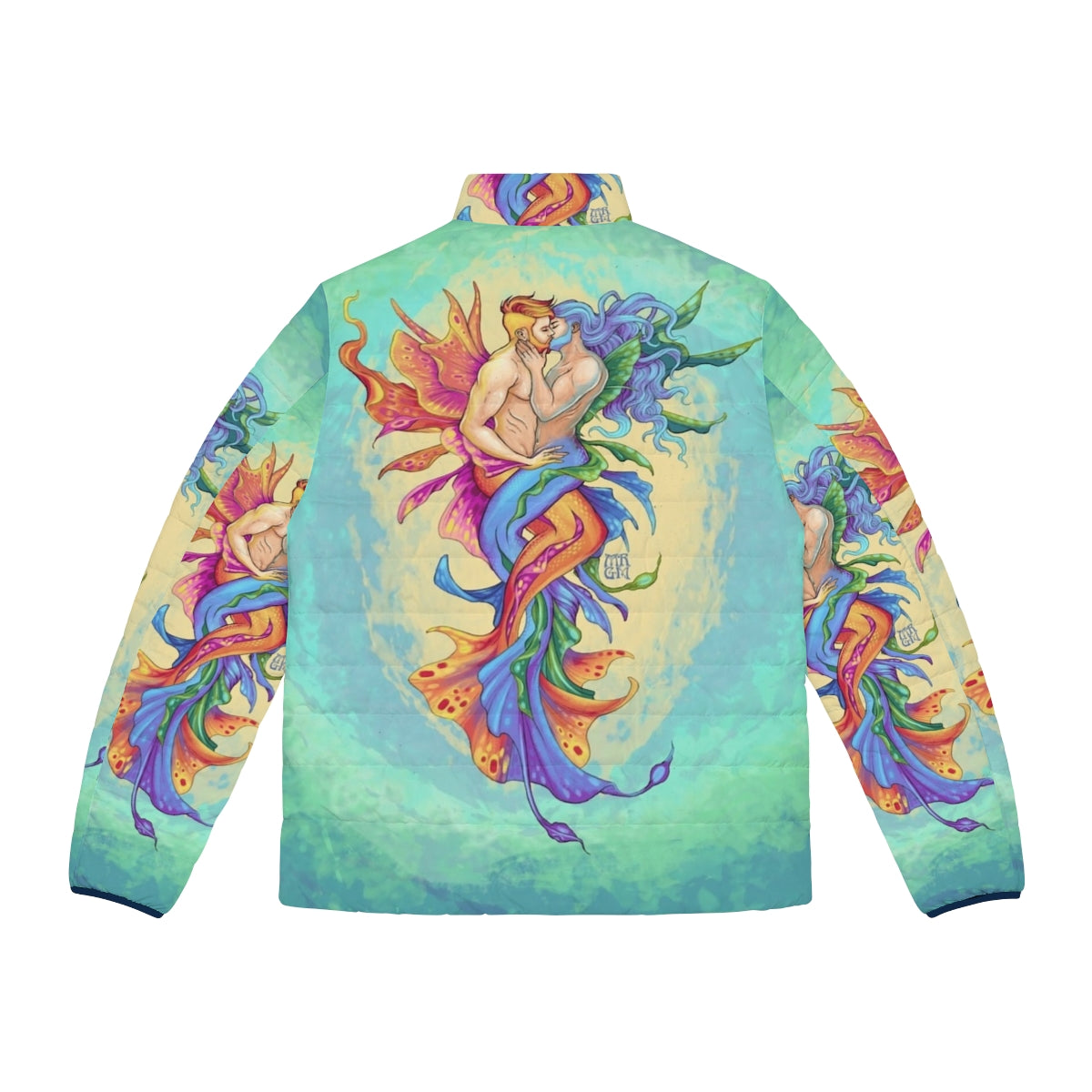 A puffer jacket featuring a romantic underwater kiss between two men, inspired by fantasy and LGBTQ+ pride - Back