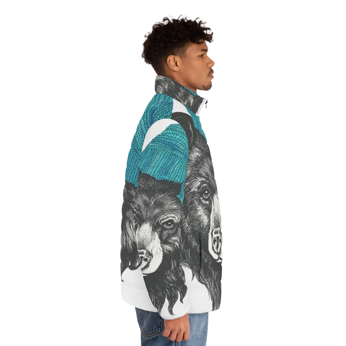 Blue puffer jacket with Zissou the bear design, perfect for cold weather - men side right