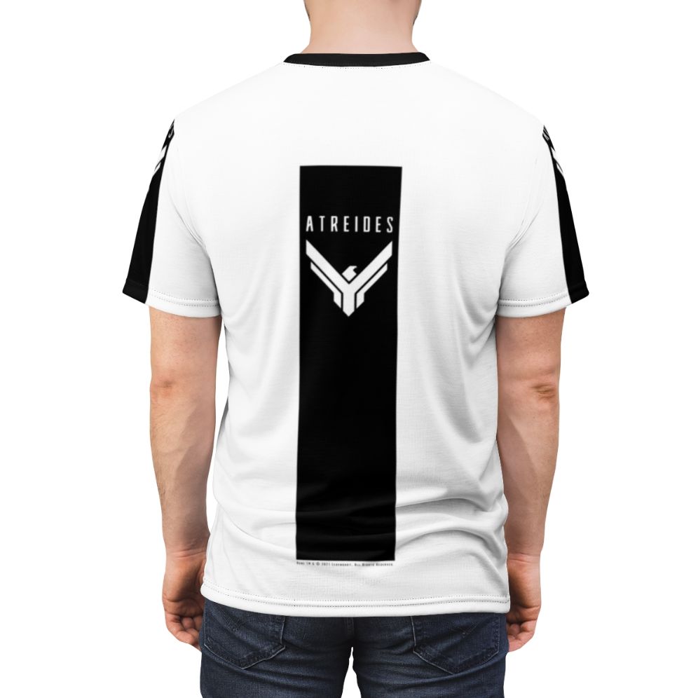 Transparent black t-shirt with Dune House Atreides banner design - men back