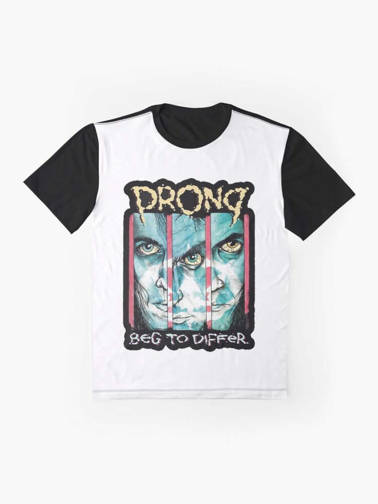 Prong Band Graphic T-Shirt featuring the iconic Prong logo and references to the band's heavy metal and industrial sound. - Flat lay