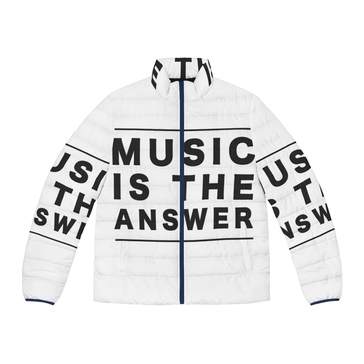 Music Is The Answer Puffer Jacket featuring a motivational quote and house music inspired design