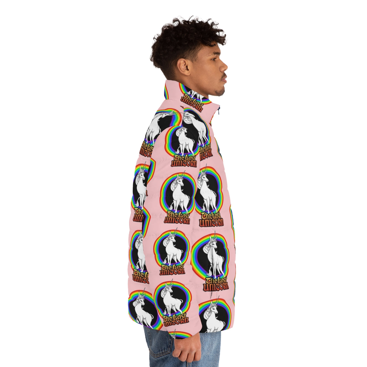 The Last Unicorn Rainbow Puffer Jacket featuring a magical mythical unicorn - men side right