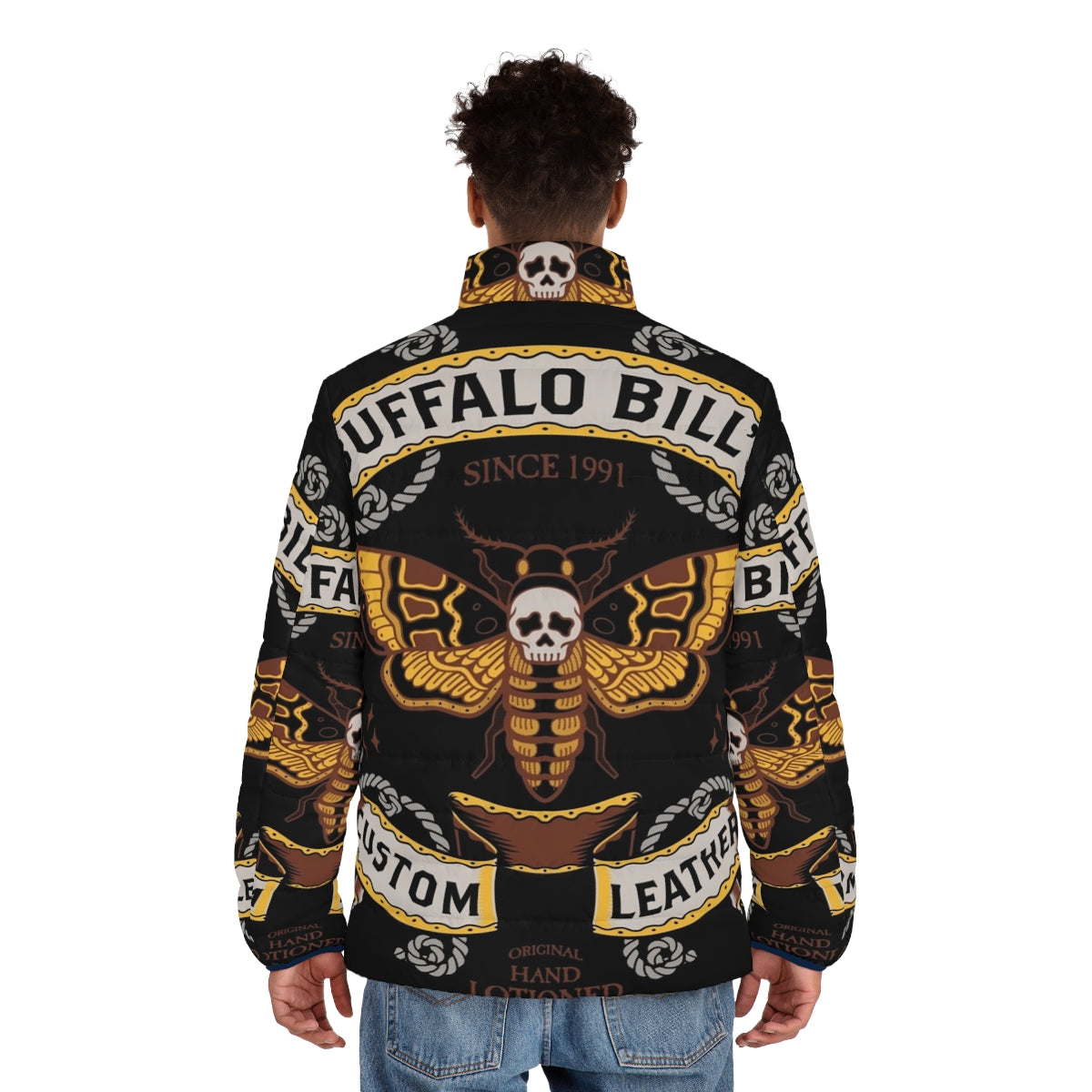 Leather puffer jacket with gothic "Buffalo Bill" inspired design and death's head hawkmoth motif - men back