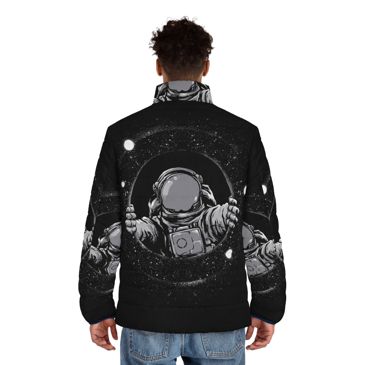 Black puffer jacket with a print of a black hole in space - men back