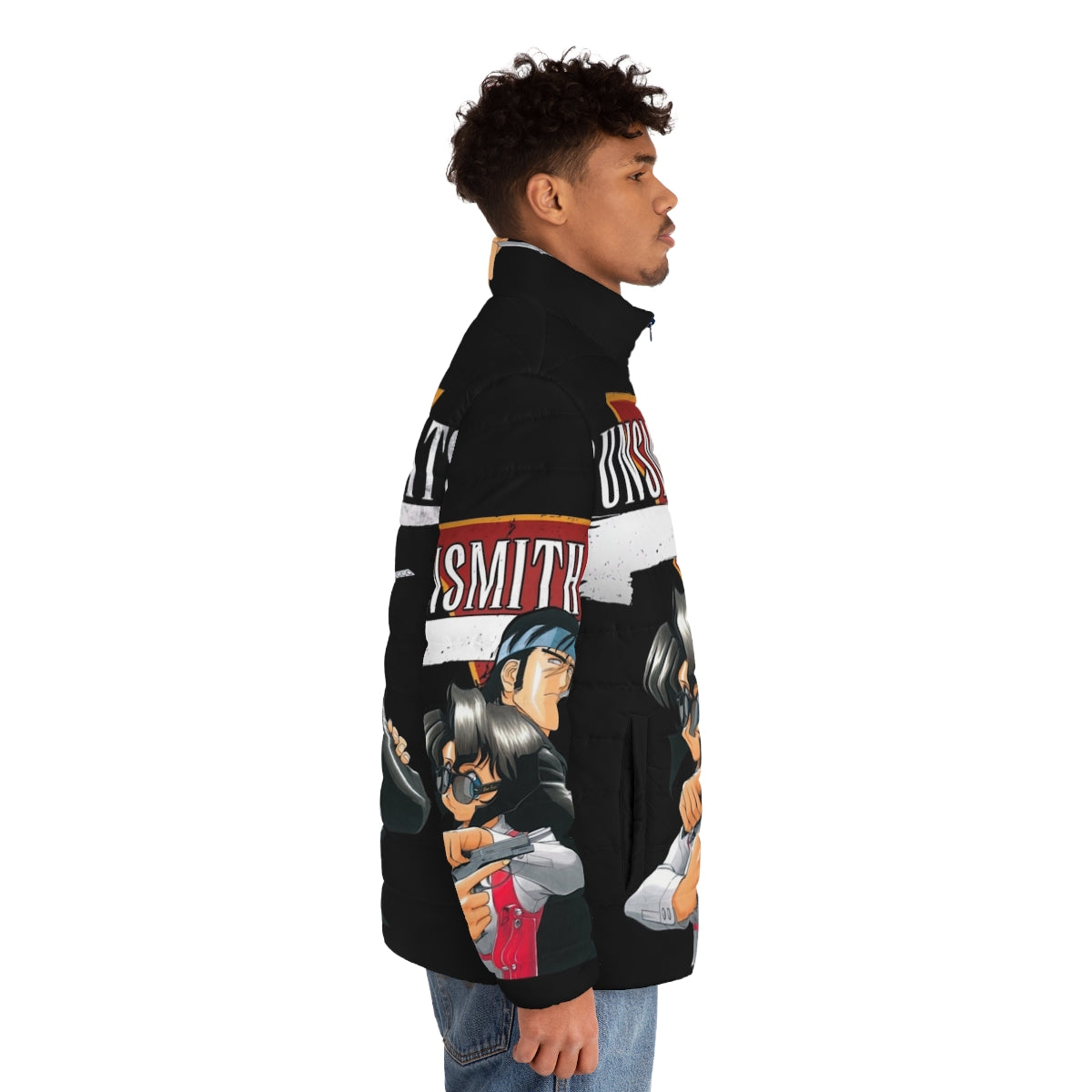 Vintage Gunsmith Cats anime puffer jacket with 90s Japanese manga inspired design - men side right