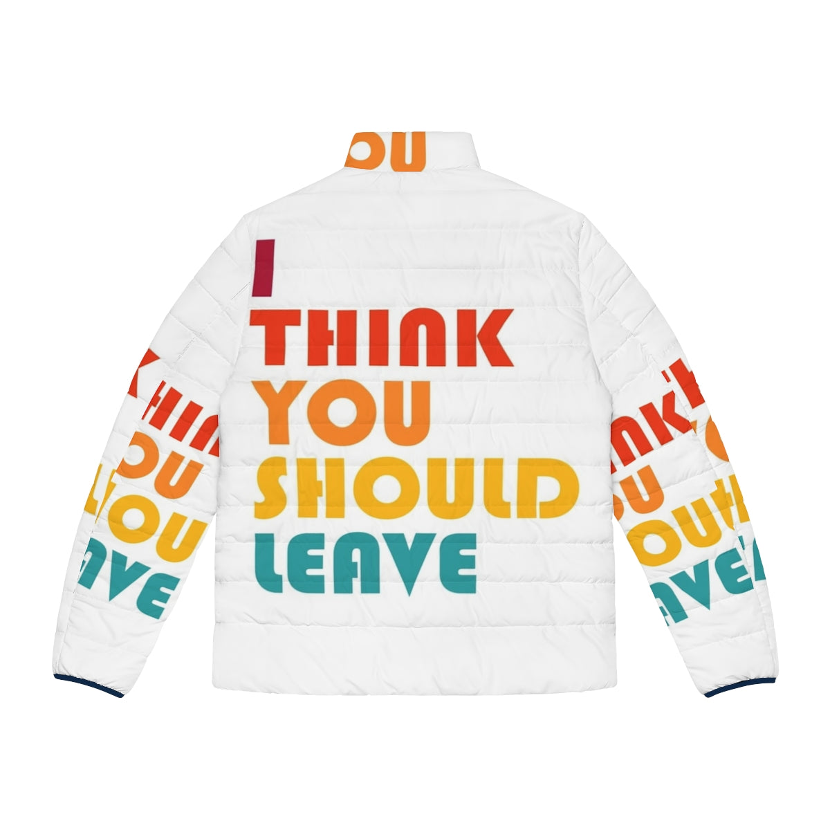 Retro-style "I Think You Should Leave" puffer jacket featuring graphic design inspired by the popular Netflix sketch comedy series - Back