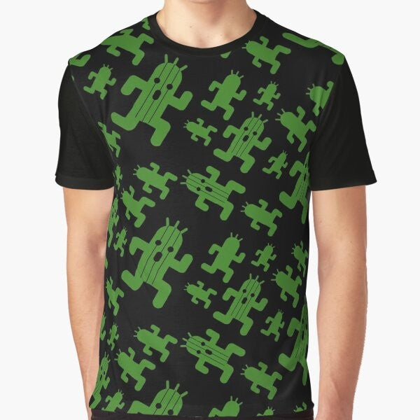 Cactuar character from the Final Fantasy video game series printed on a graphic t-shirt