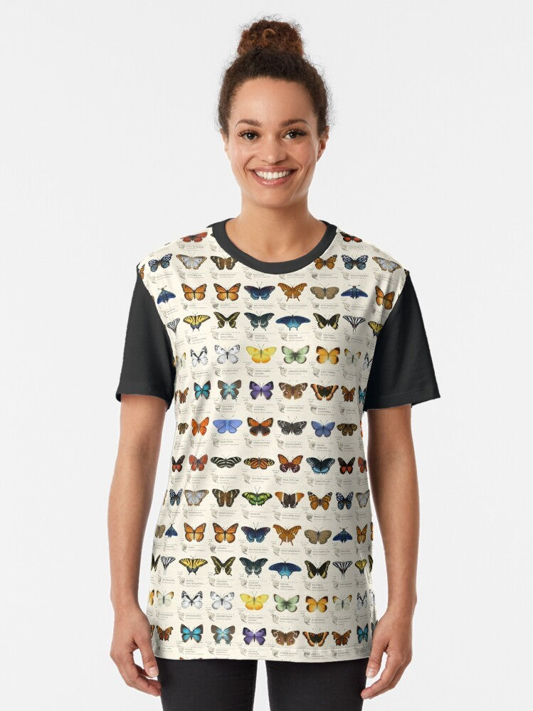 Butterflies of North America Graphic T-Shirt featuring a science-inspired butterfly chart design - Women