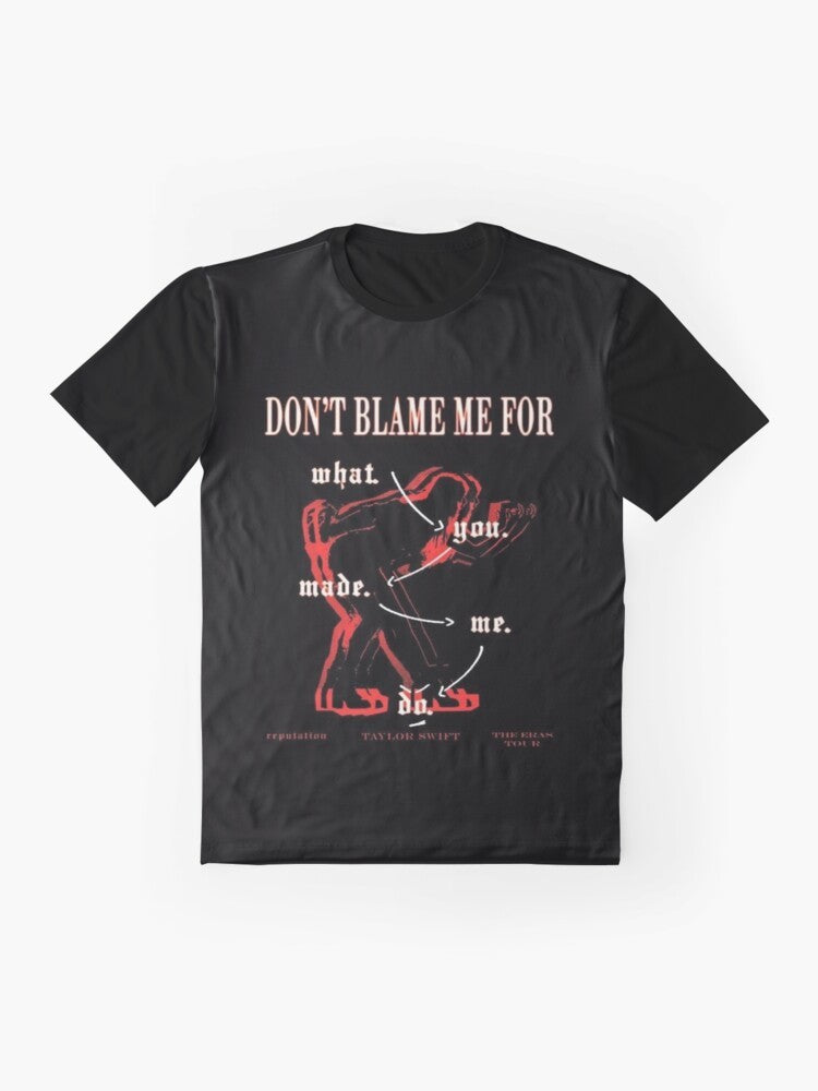 A graphic t-shirt featuring the title "Look What You Made Me Do" by Taylor Swift. - Flat lay