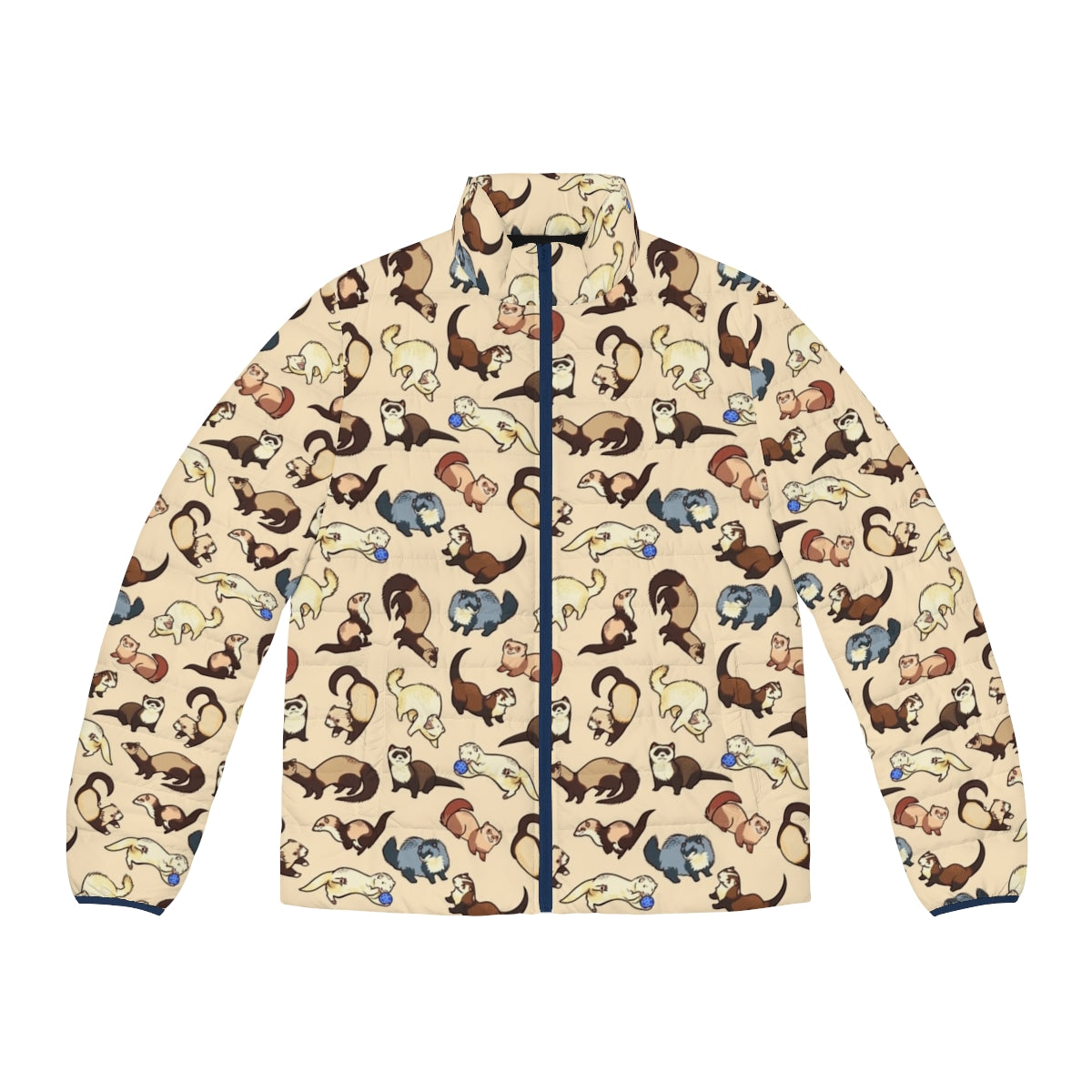 A blue puffer jacket with a cute cat snake pattern, perfect for ferret lovers