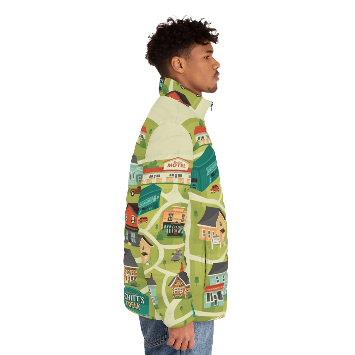 Schitt's Creek Town Map Puffer Jacket with Sitcom Characters - men side right