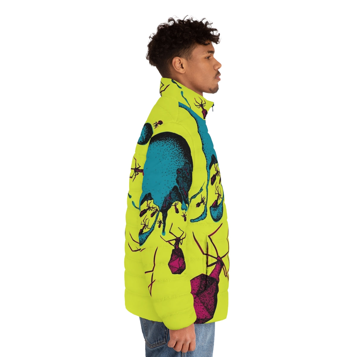 Colorful puffer jacket featuring lysis and bacteriophage artwork - men side right