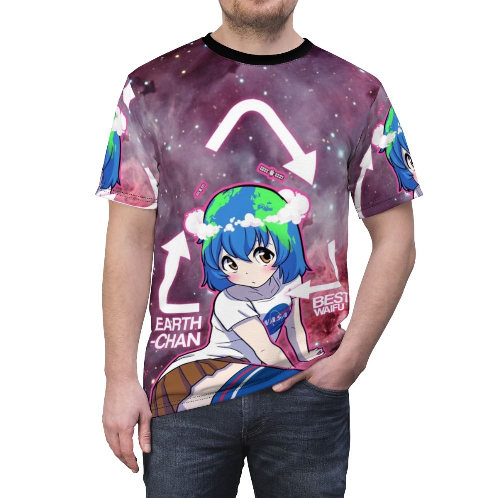 Graphic t-shirt featuring a cute anime-style illustration of the Earth planet - men front