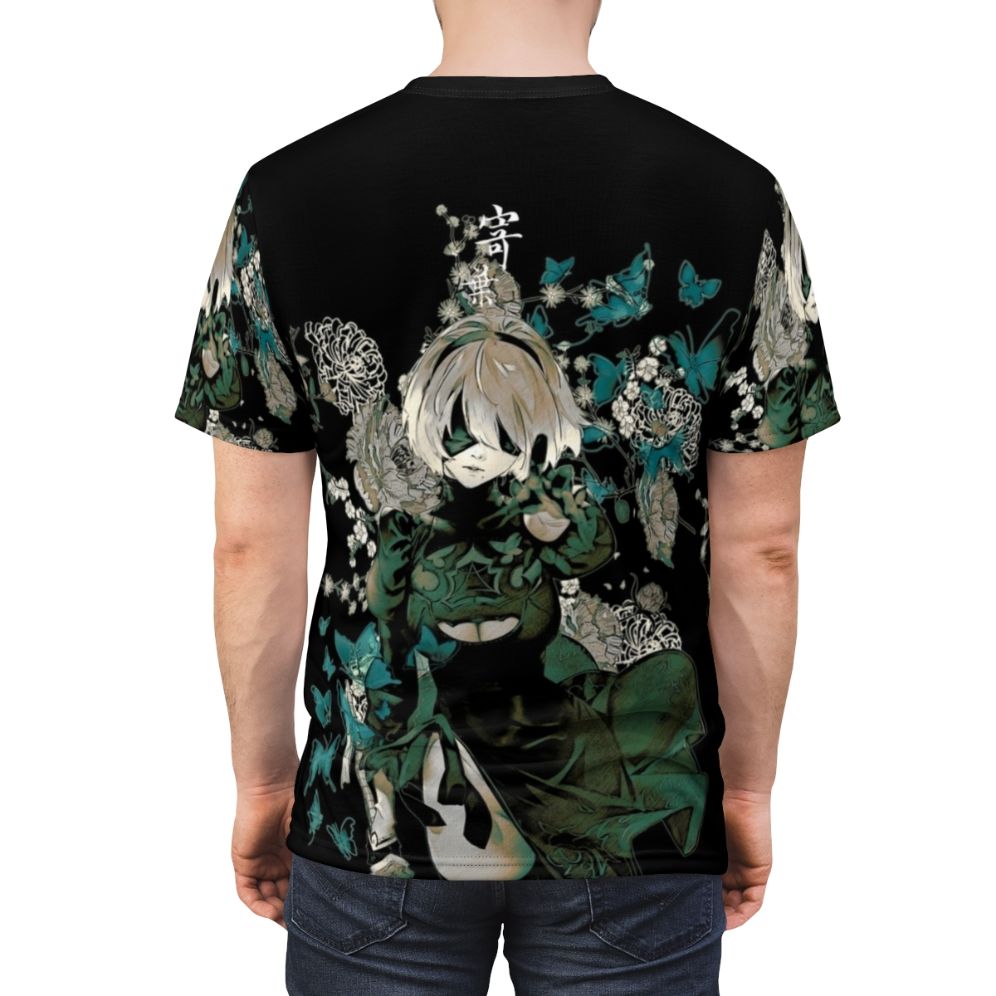 A t-shirt design featuring fantastical butterflies in a dark, garden-like setting, inspired by anime, manga, and the game Nier Automata. - men back