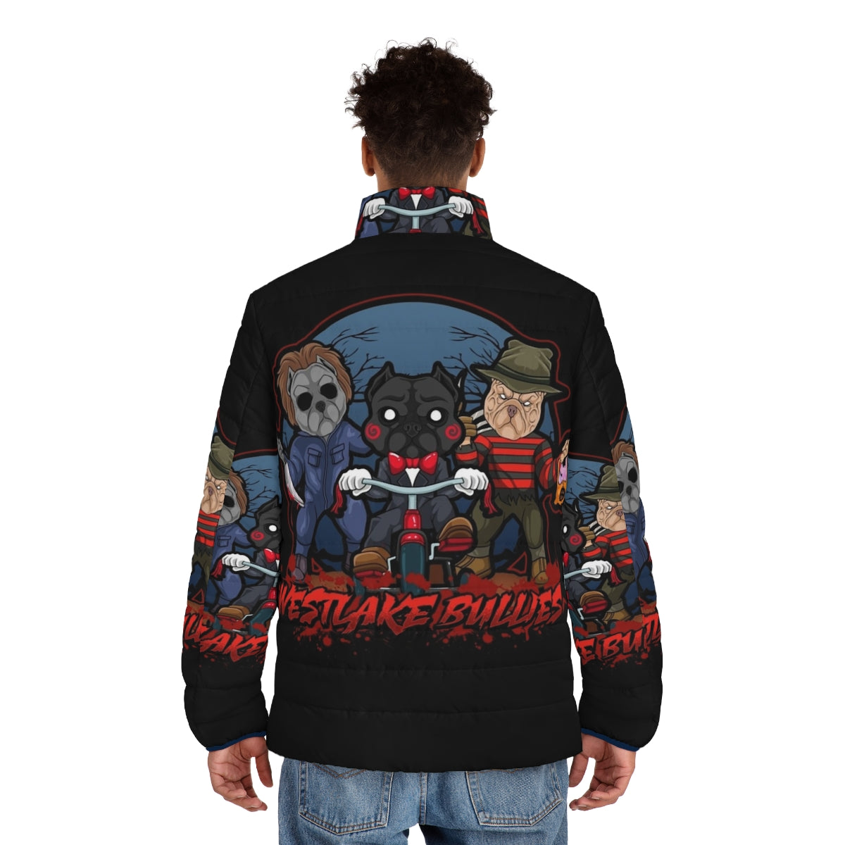 A cozy puffer jacket featuring a spooky pitties design, perfect for the Halloween season. - men back