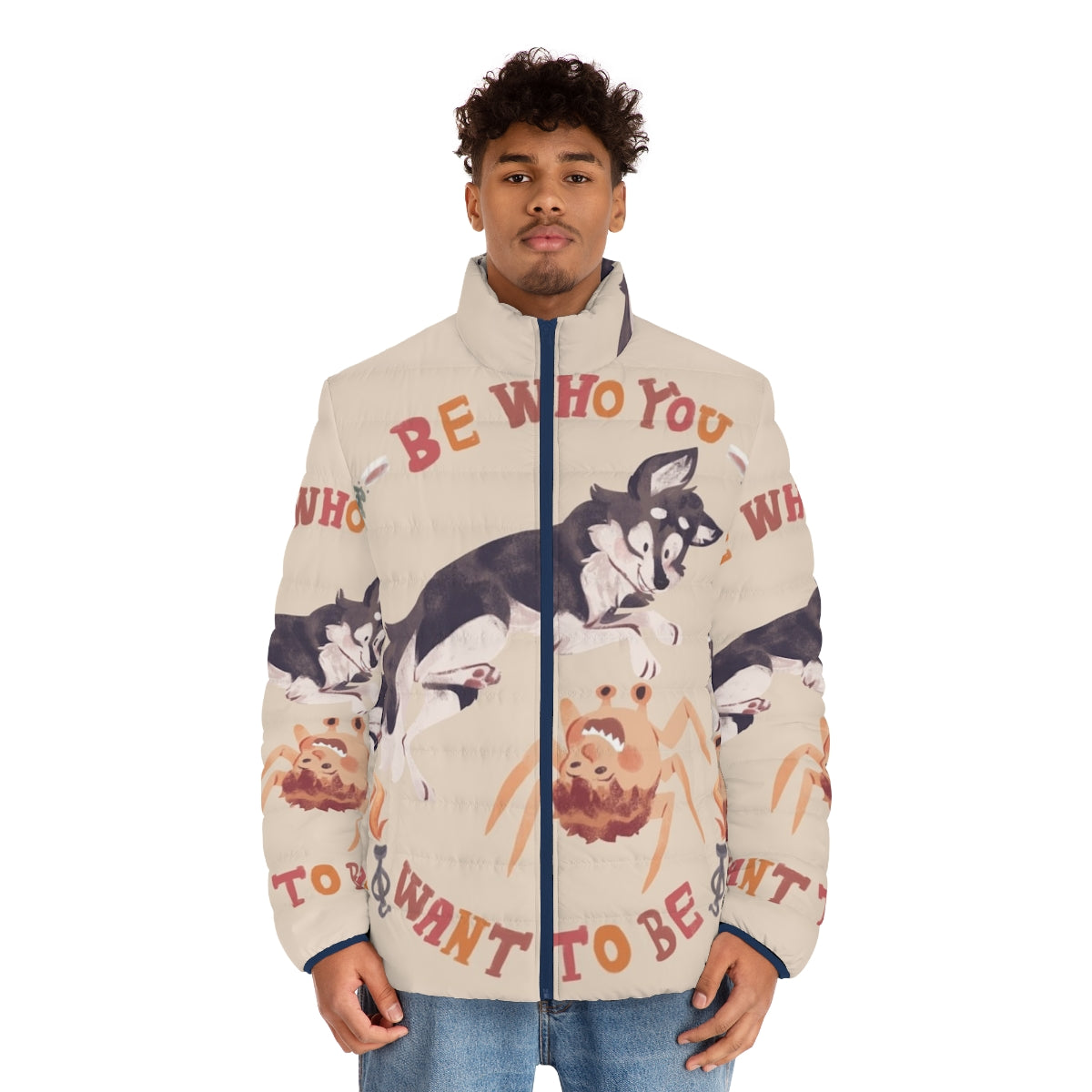 Be Who You Want to Be Puffer Jacket - Horror movie inspired outerwear with dog motif - men front