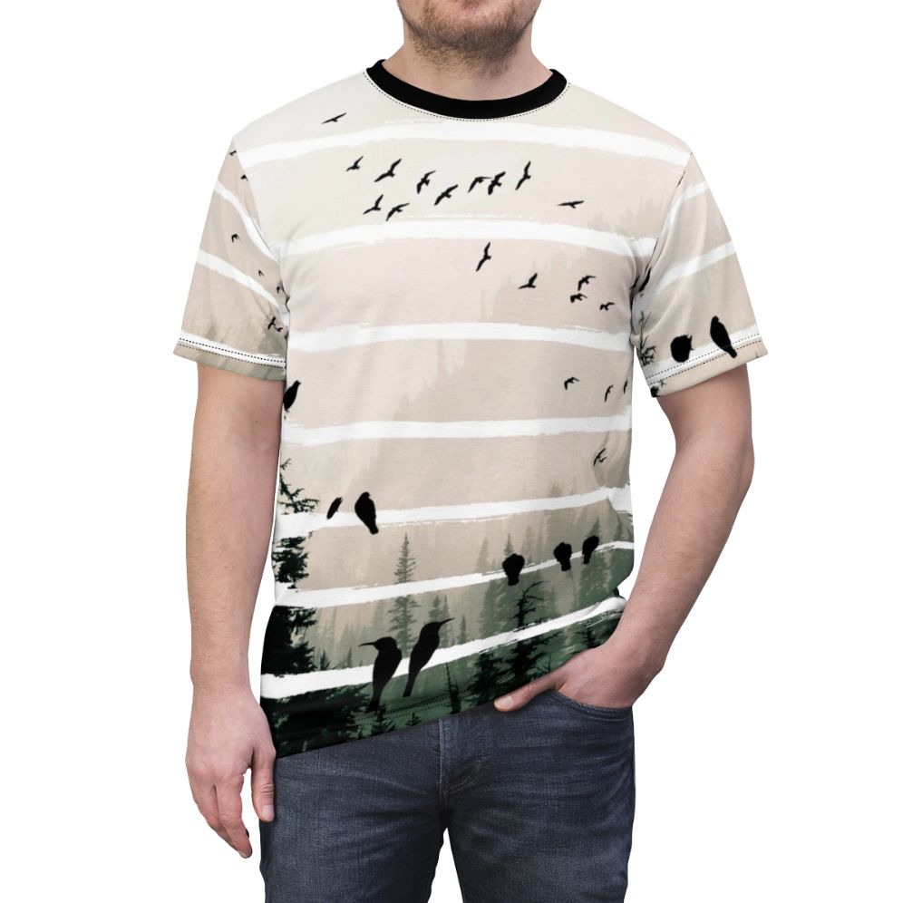 Artistic abstract geometric t-shirt design featuring misty forest, nature landscape, and birds in flight silhouette - men front