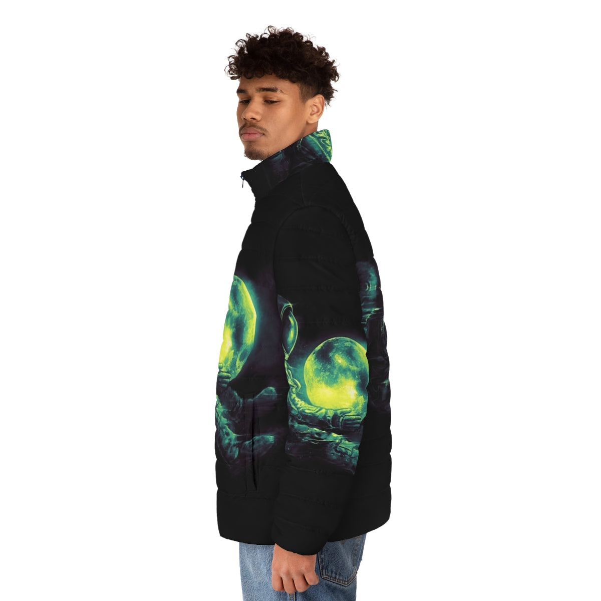 Stylish puffer jacket with a surreal, intergalactic design featuring the moon, stars, and planets - men side left