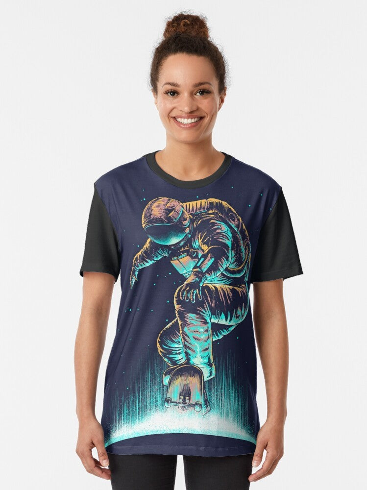 Space-themed graphic design with abstract, surrealist, and neon elements on a t-shirt - Women