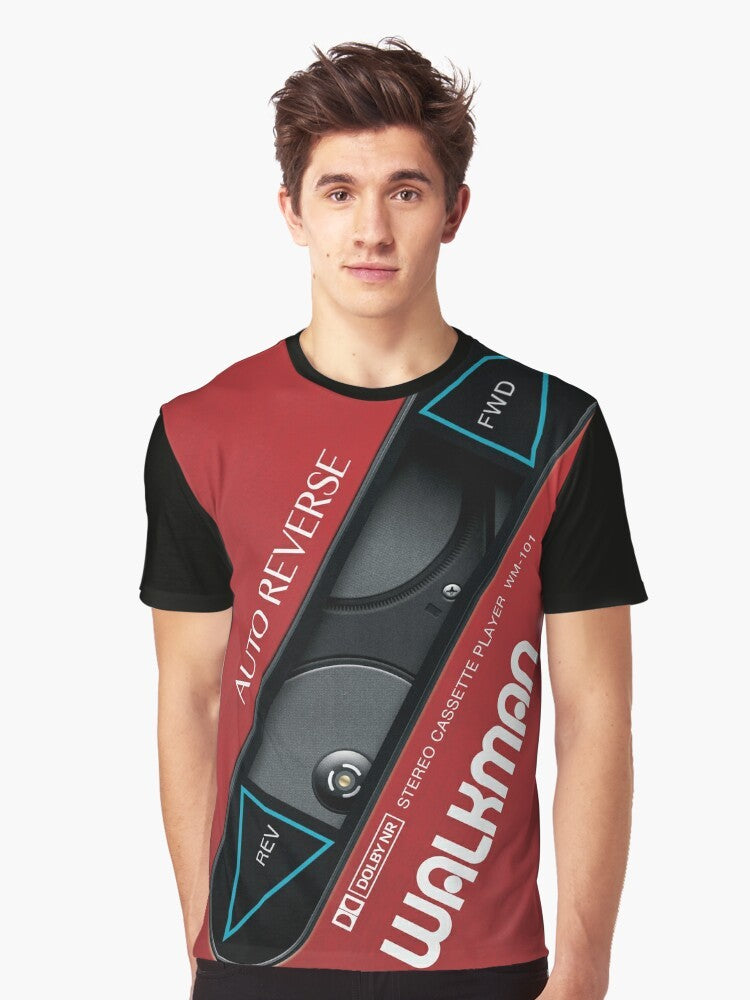 A retro-style graphic t-shirt featuring the Sony Walkman logo and cassette player design - Men