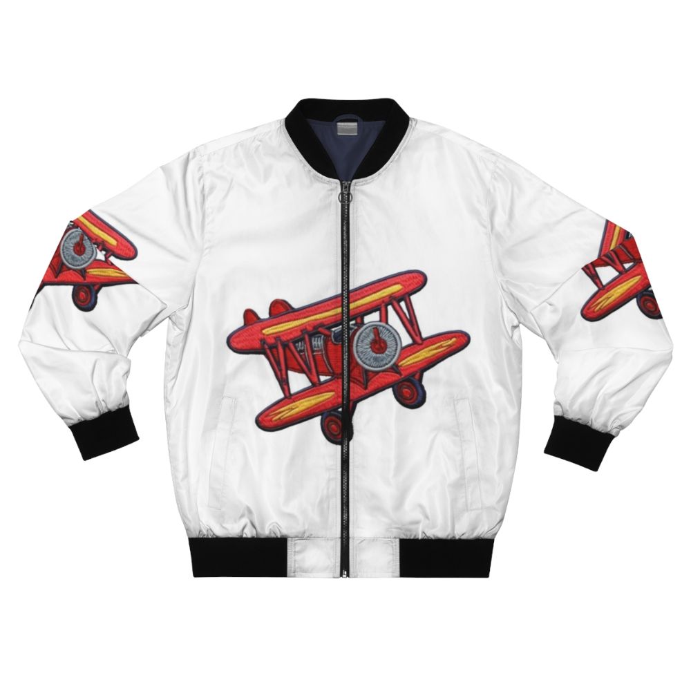 Embroidered bomber jacket with a crop duster airplane and pilot's patch design