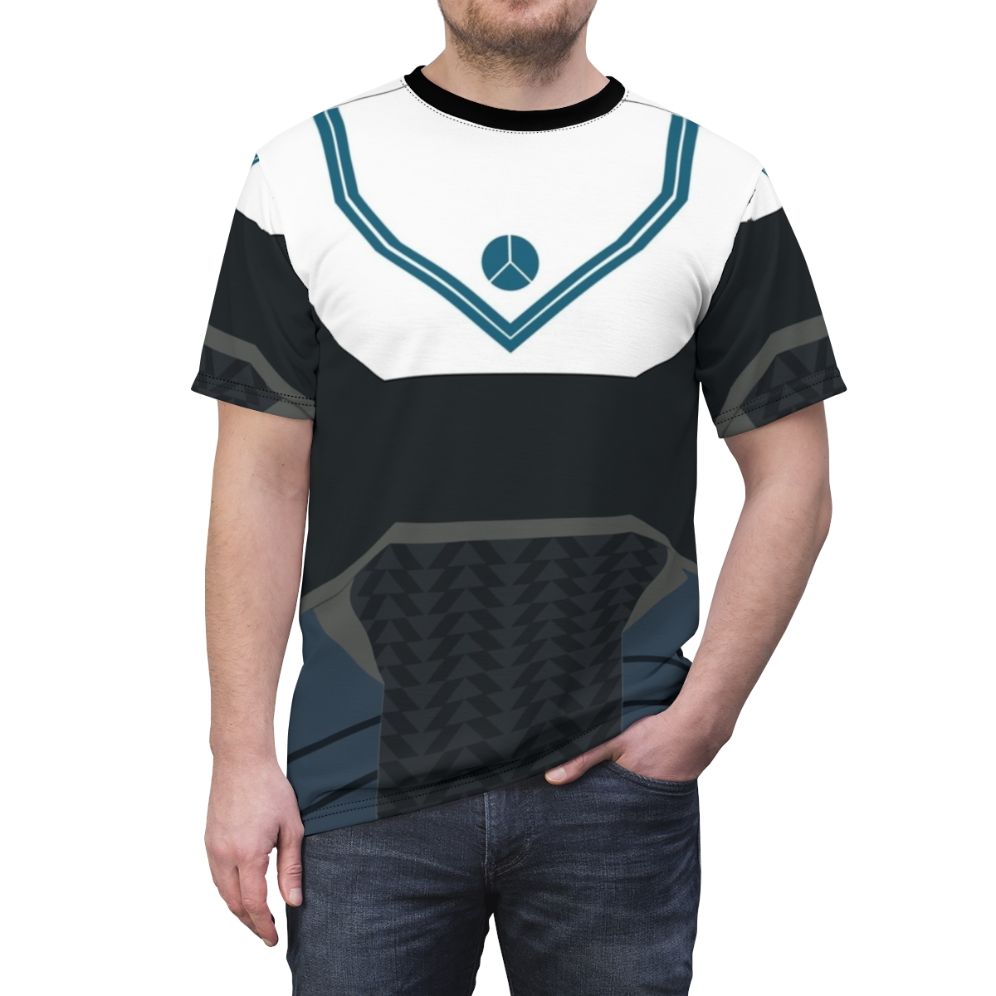 A stylish t-shirt featuring a futuristic sci-fi armour parade design, inspired by the popular video game Destiny. - men front