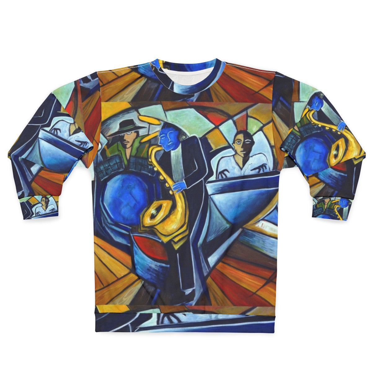 Jam Session Sweatshirt featuring jazz, blues, and music motifs