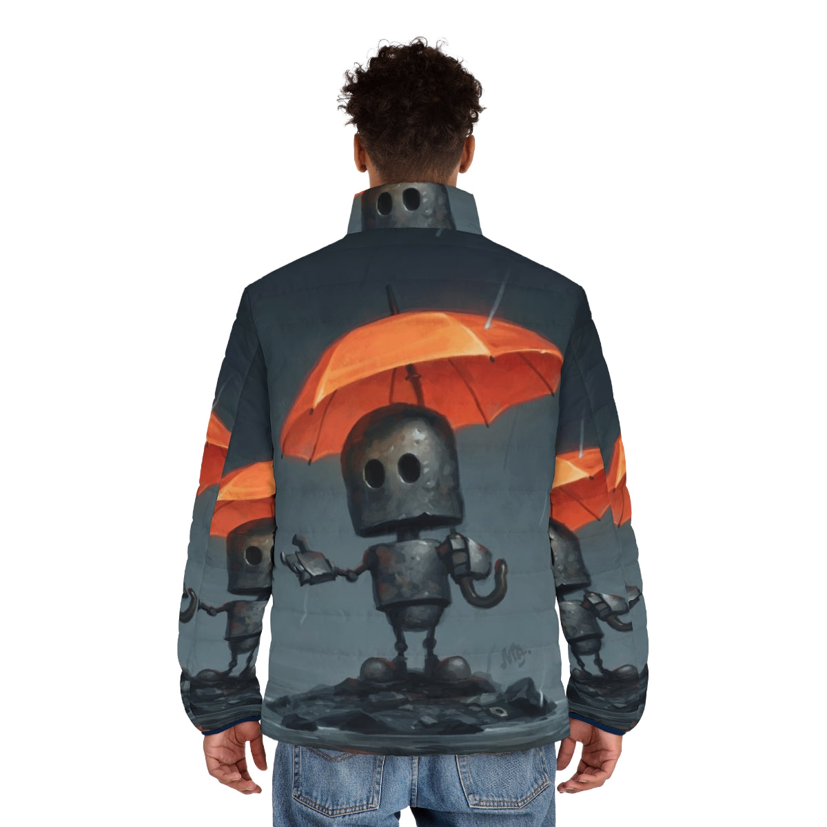 Emotional robot wearing orange and gray puffer jacket standing under umbrella - men back