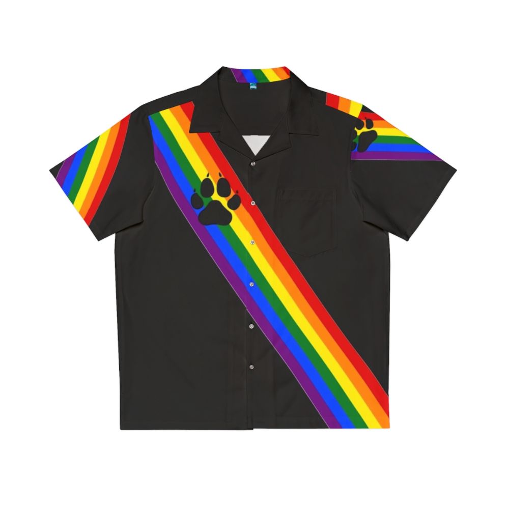 Colorful Hawaiian-style shirt with pup design for LGBTQ pride