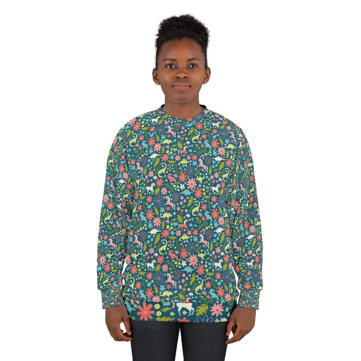 Magical dinosaur and unicorn sweatshirt with floral pattern - women