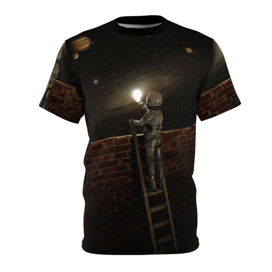 A cosmic, surreal t-shirt design featuring a space astronaut or cosmonaut exploring the galaxy.