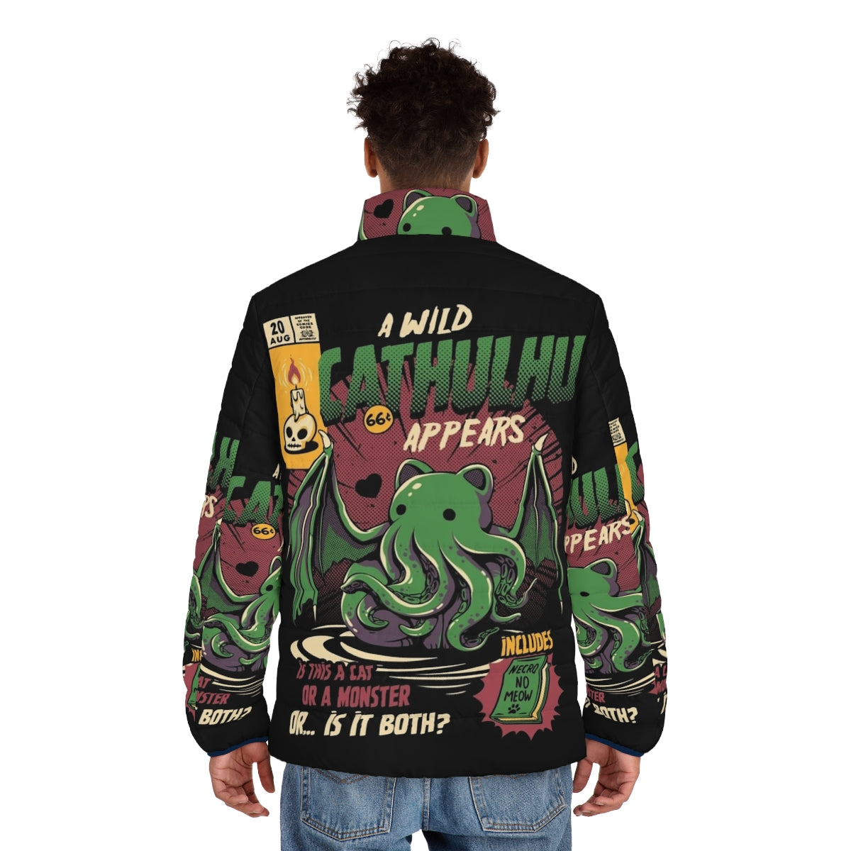 Cathulhu Cthulhu Puffer Jacket with cat and Lovecraft horror design - men back