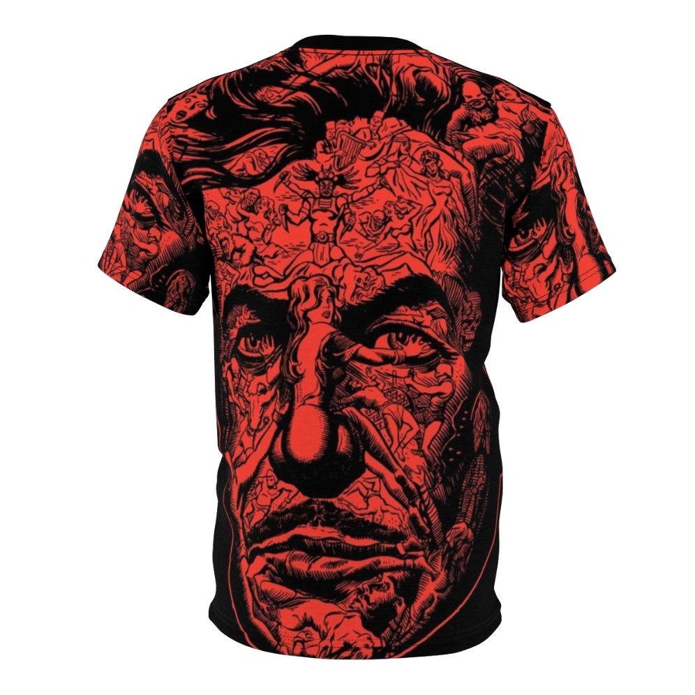 Vintage-inspired t-shirt design featuring Edgar Allan Poe's 'The Masque of the Red Death' horror theme - Back