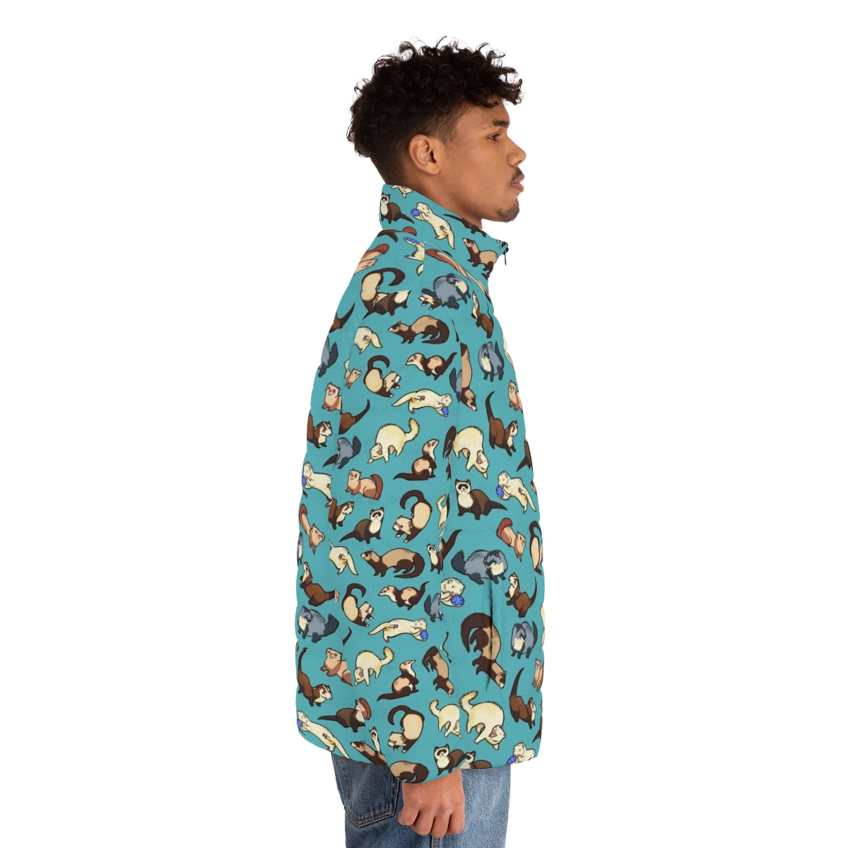 A blue puffer jacket with a cute cat snake pattern, perfect for ferret lovers - men side right