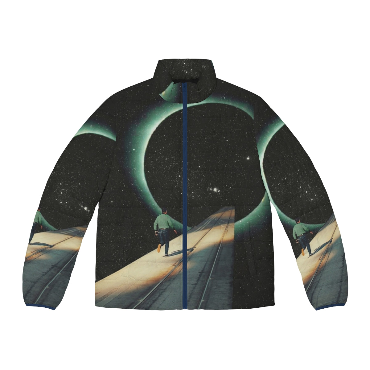 Puffer jacket with digital collage of space, planets, and a lone figure on a cosmic journey