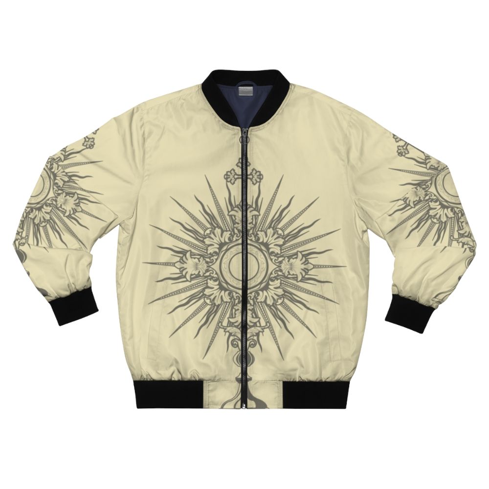 A black and white bomber jacket featuring a minimalist line art design of a monstrance, a Catholic eucharistic symbol.