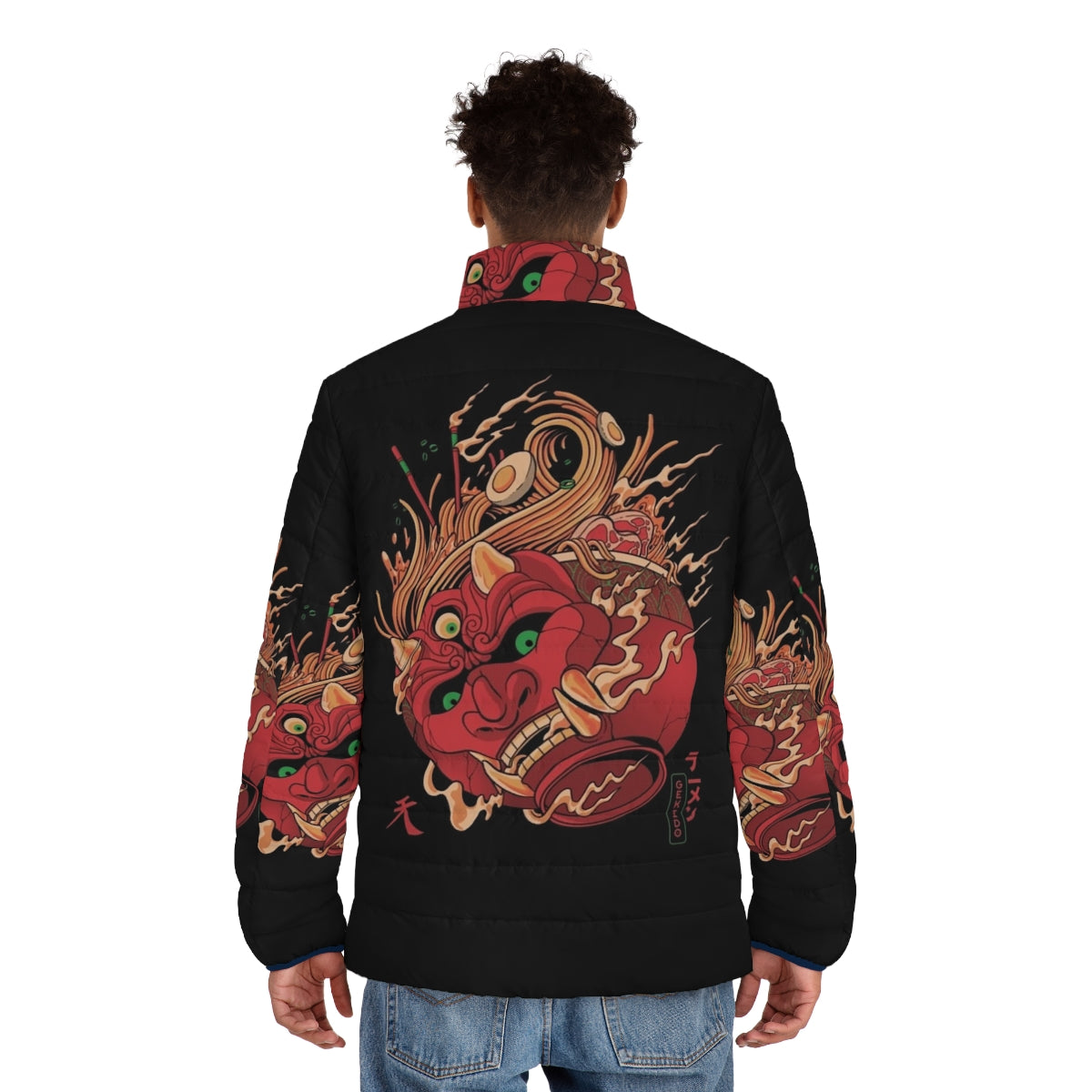 Man wearing Gekido Ramen Puffer Jacket with Japanese demon and ramen graphics - men back