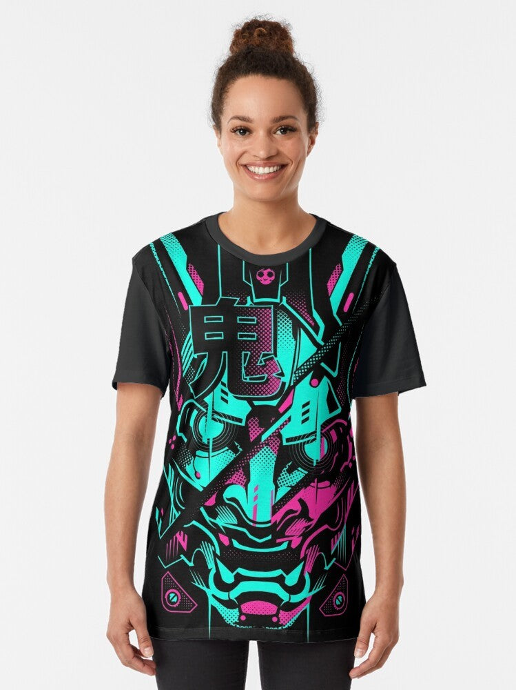 Cyberpunk Oni Glitch Graphic T-Shirt with neon design - Women