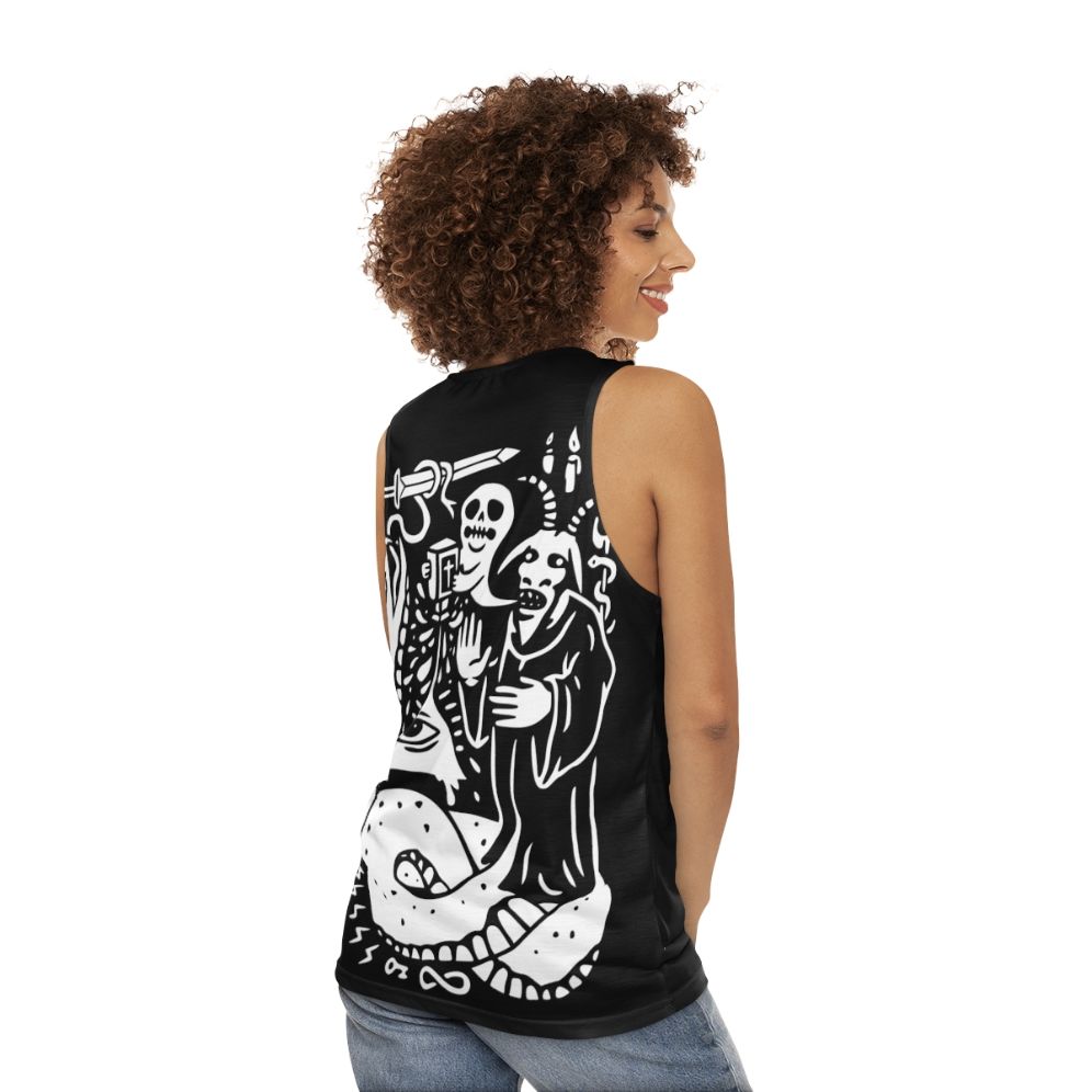 Occult unisex tank top with mystical cult design - women back