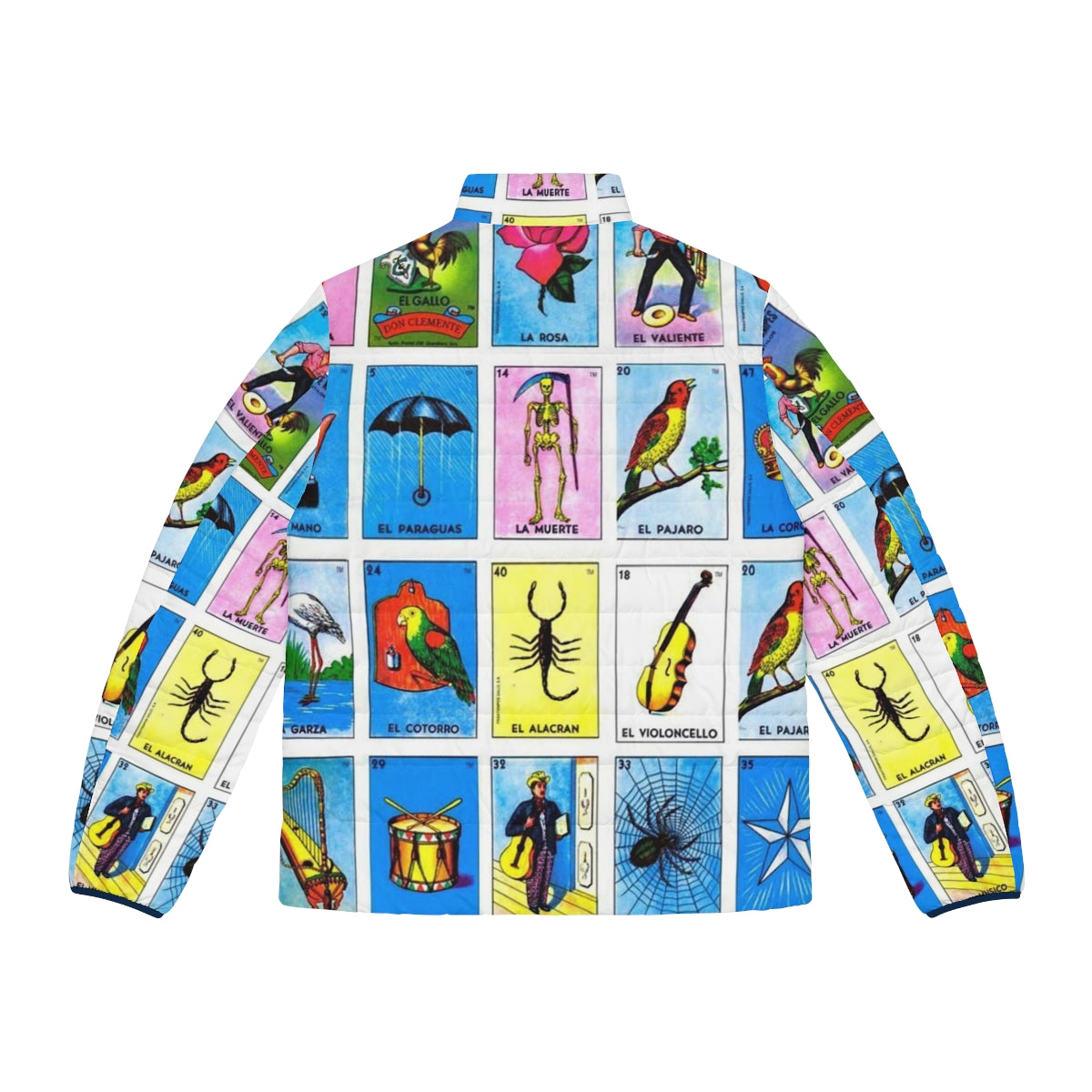 Colorful Mexican lottery bingo puffer jacket featuring various Mexican cultural symbols and animals - Back