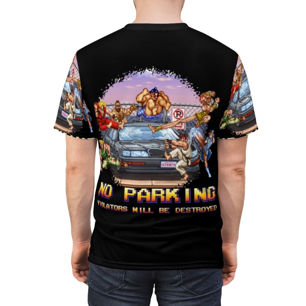 Retro 8bit style graphic t-shirt featuring a "No Parking - Violators Will Be Destroyed" message - men back