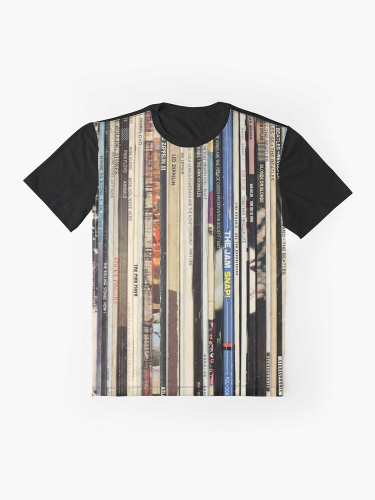 Classic Rock Vinyl Records Graphic T-Shirt for Music Enthusiasts and Vinyl Collectors - Flat lay