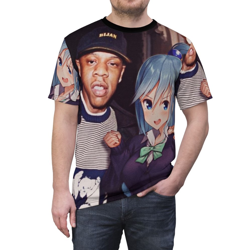 Aqua anime-inspired graphic t-shirt with Jay Z rapper design - men front