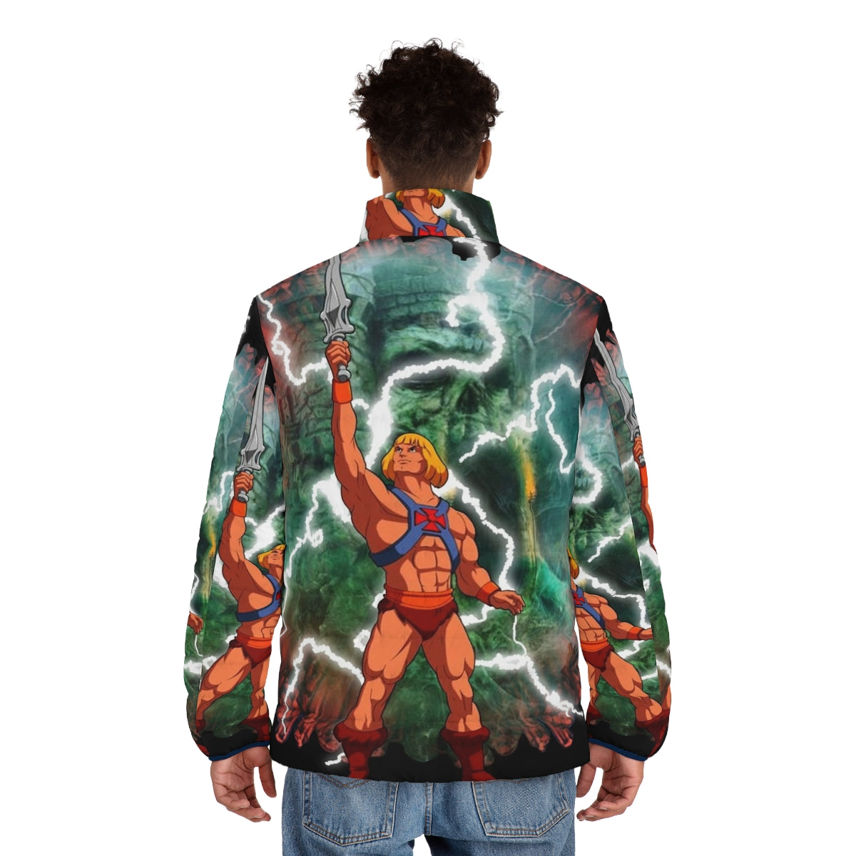 Retro art puffer jacket featuring He-Man and the Masters of the Universe characters - men back