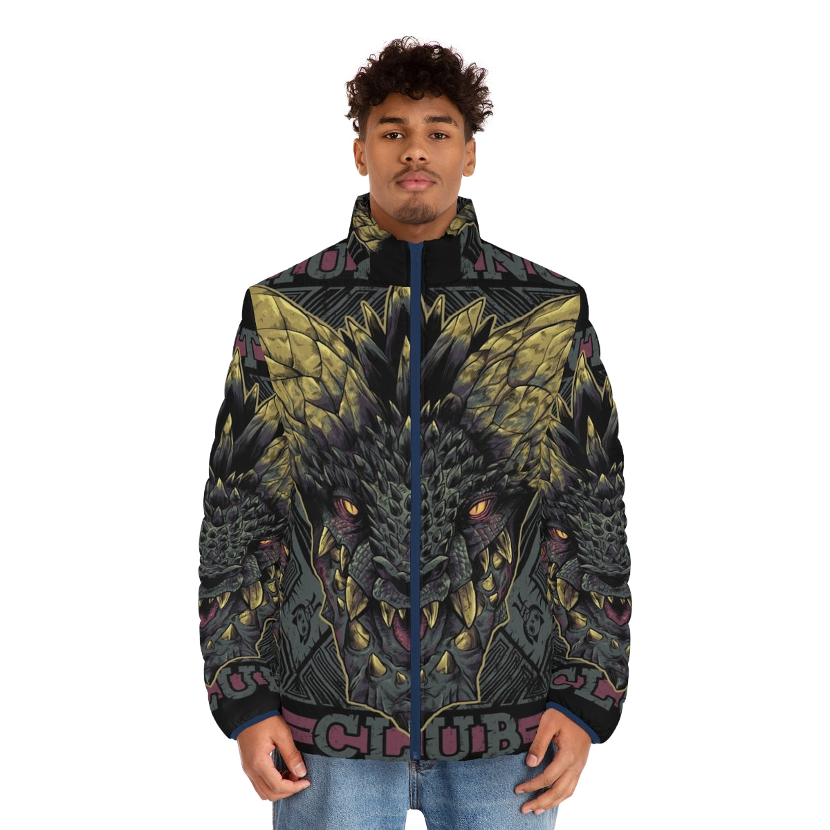 Monster Hunter Nergigante Puffer Jacket featuring the iconic dragon-like Nergigante from the game - men front