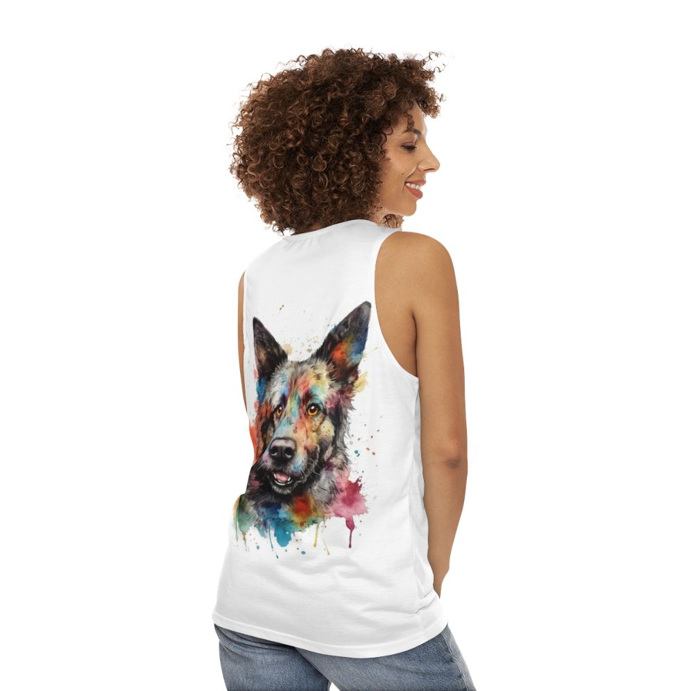 Hungarian Mudi dog watercolor painting on unisex tank top - women back