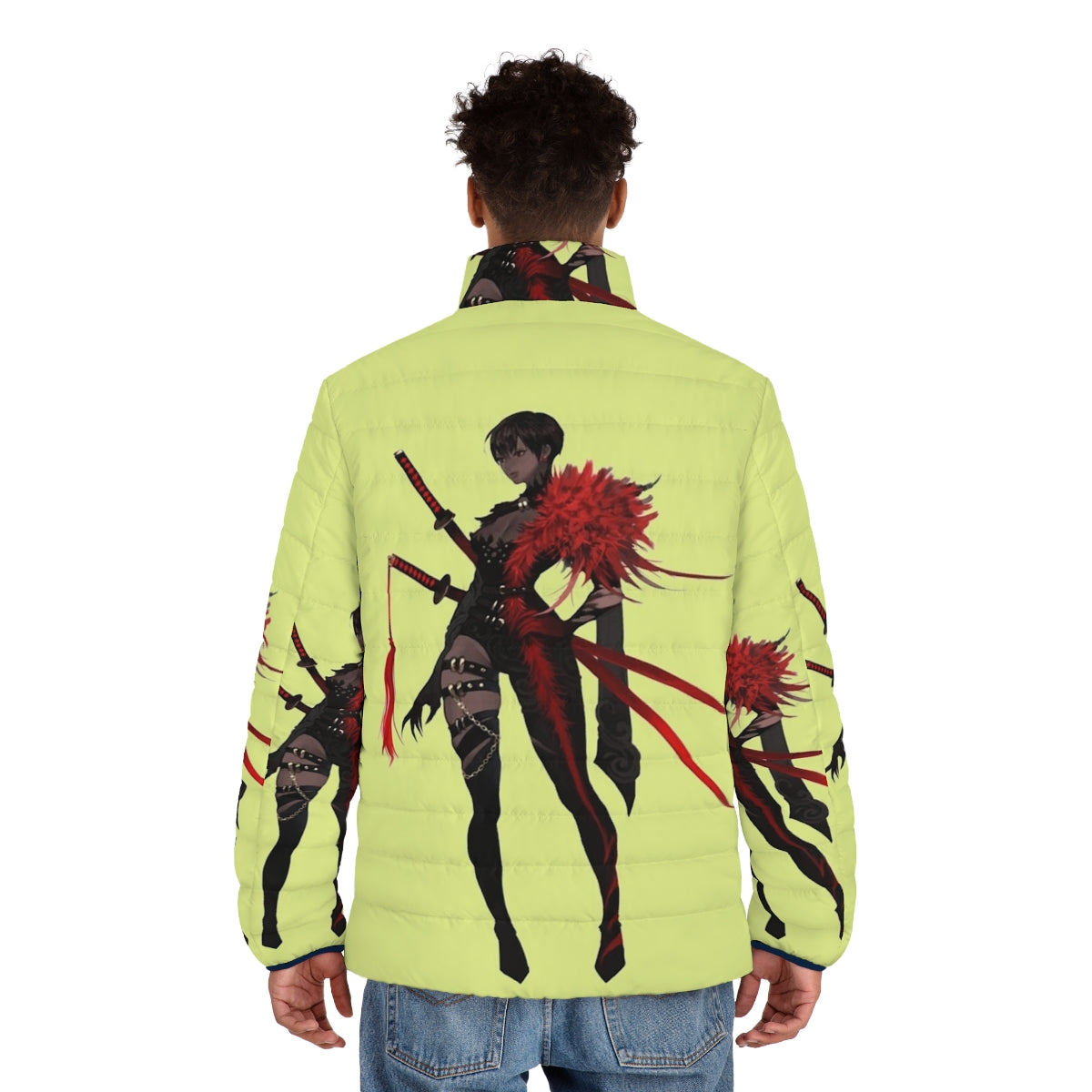 Castlevania inspired puffer jacket featuring Dracula and game elements - men back